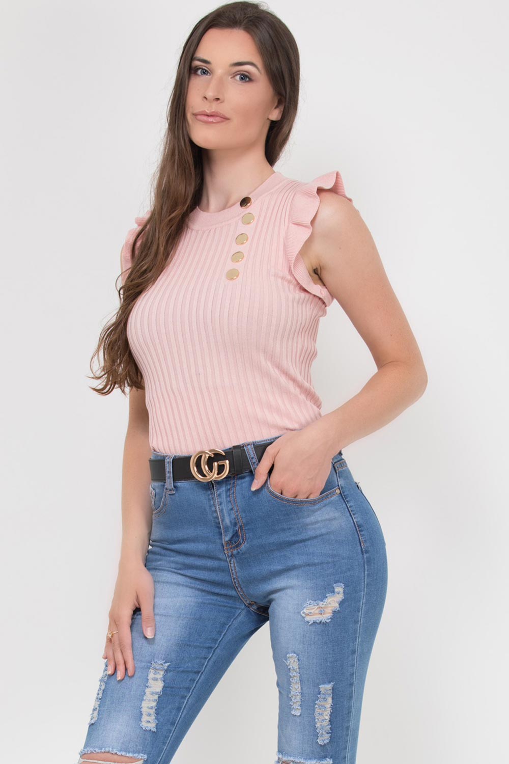 Ribbed Sleeveless Frill Detail Gold Button Top | Xtralitty