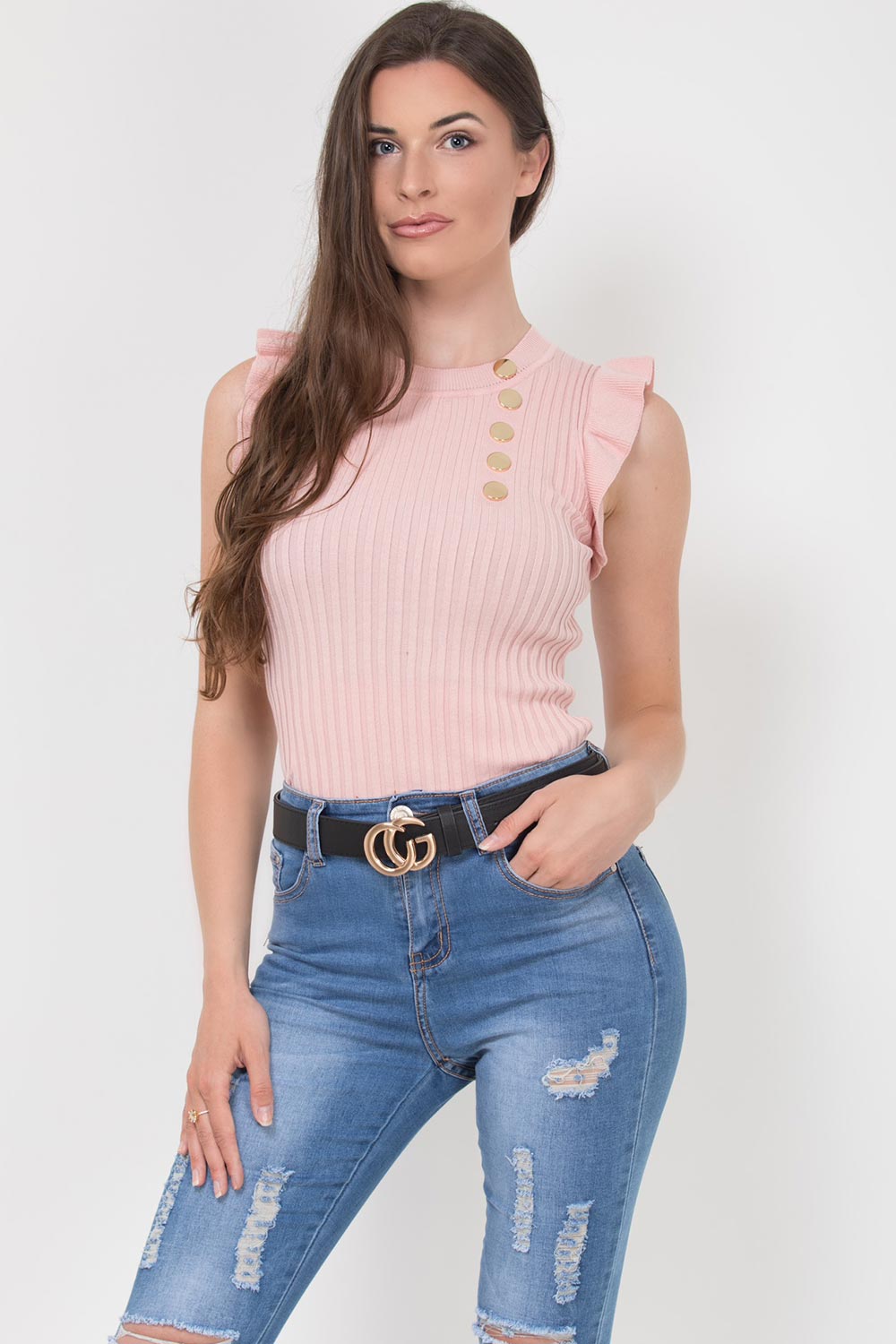 Ribbed Sleeveless Frill Detail Gold Button Top | Xtralitty