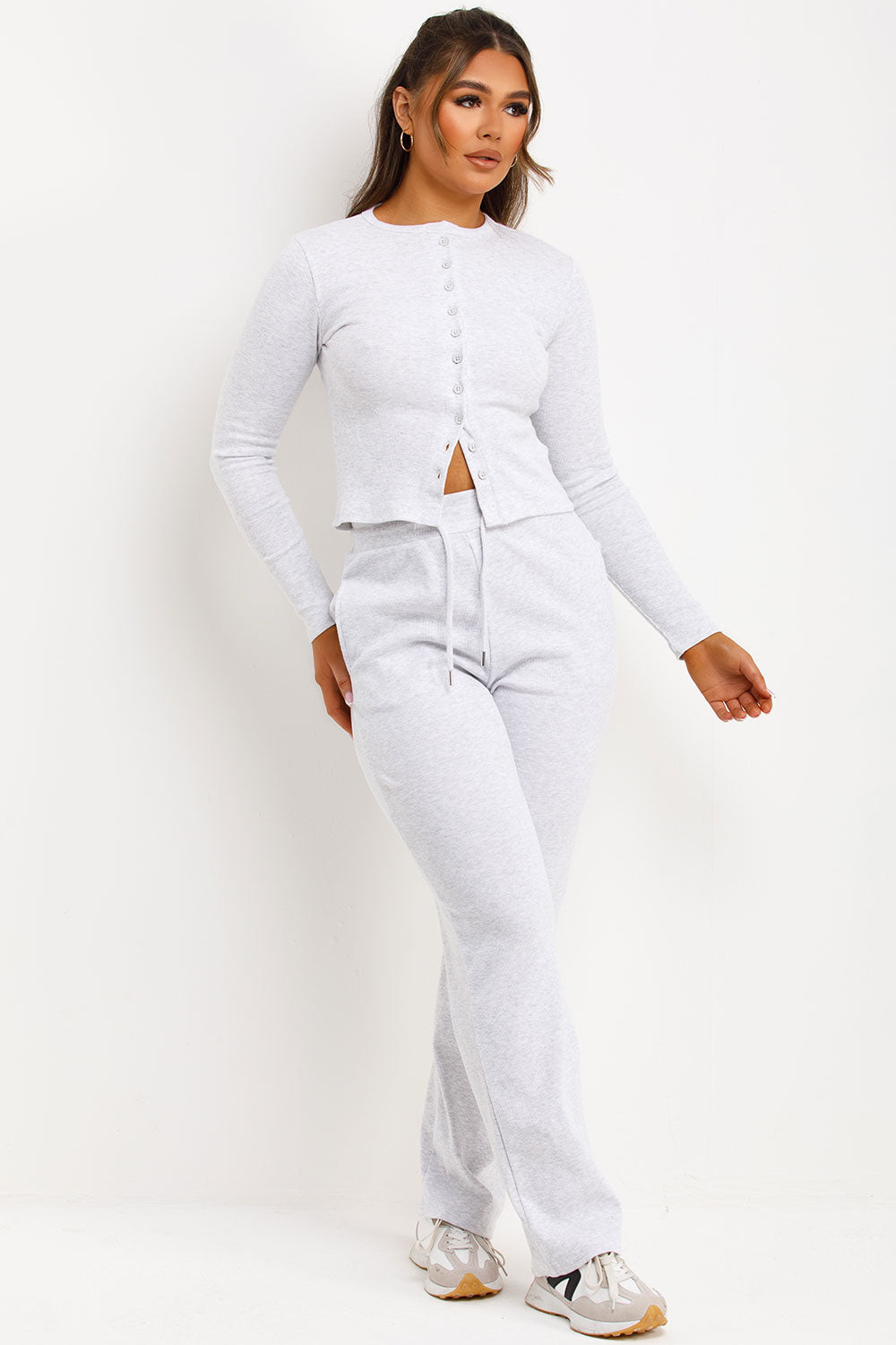 Rib Button Up Long Sleeve Top and Trouser Lounge | Xtralitty