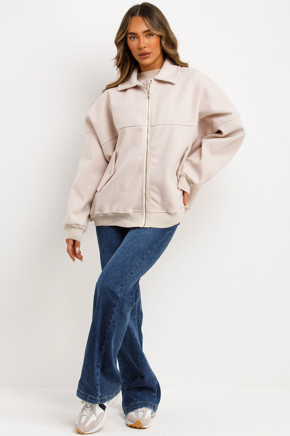 Soft Oversize Bomber Jacket with Collar Beige | Xtralitty
