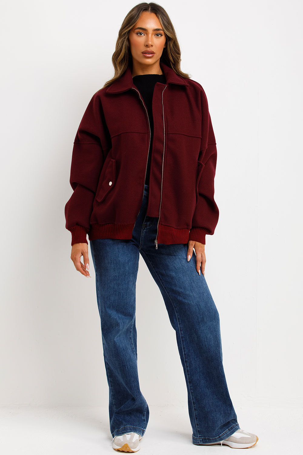 Soft Oversize Bomber Jacket with Collar Burgundy | Xtralitty