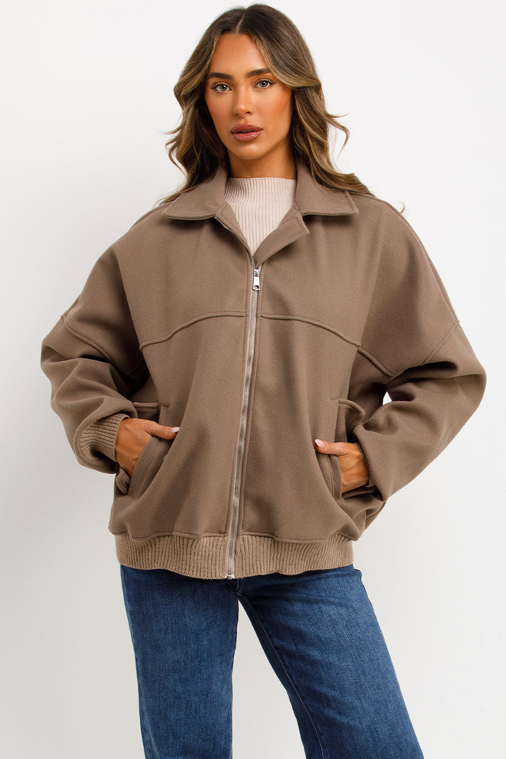 Soft Oversize Bomber Jacket with Collar Taupe | Xtralitty