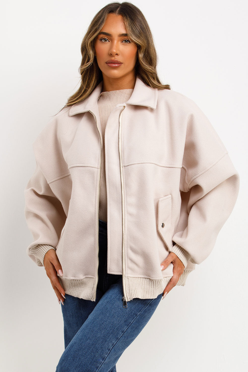 Soft Oversize Bomber Jacket with Collar Beige | Xtralitty