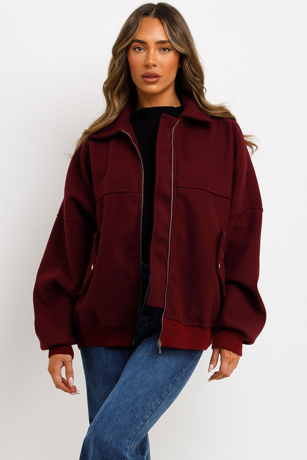 Soft Oversize Bomber Jacket with Collar Burgundy | Xtralitty