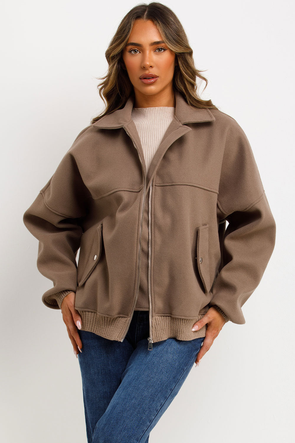 Soft Oversize Bomber Jacket with Collar Taupe | Xtralitty