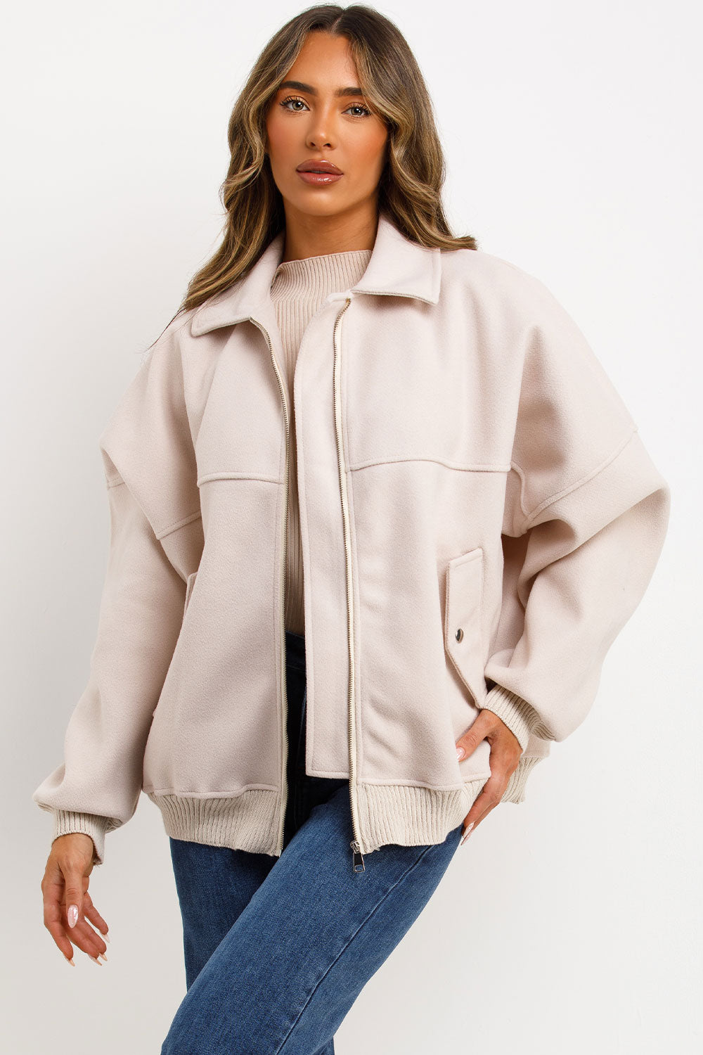 Soft Oversize Bomber Jacket with Collar Beige | Xtralitty