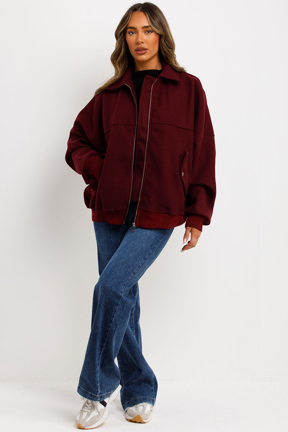 Soft Oversize Bomber Jacket with Collar Burgundy | Xtralitty