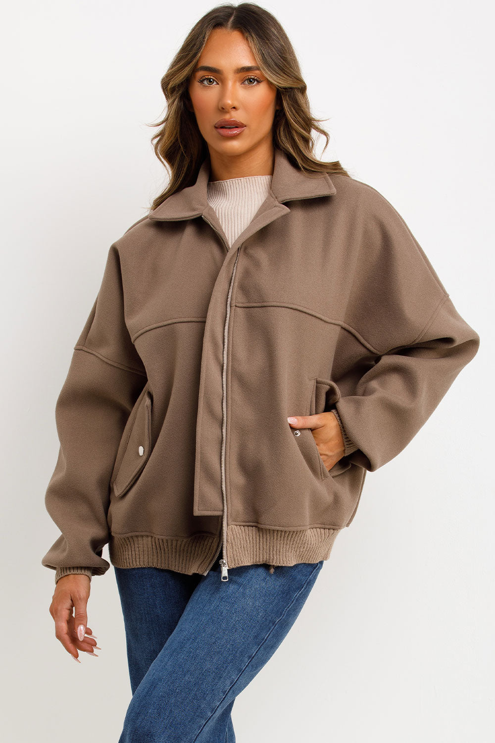 Soft Oversize Bomber Jacket with Collar Taupe | Xtralitty