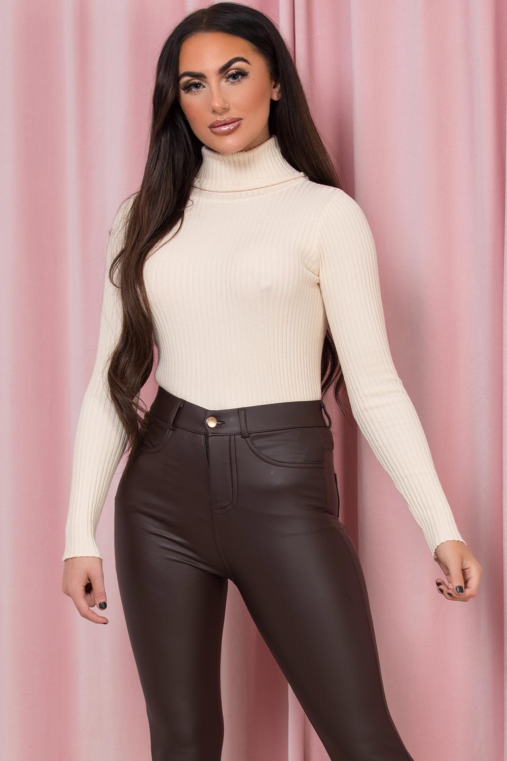 Roll Neck Ribbed Knitted Jumper Biege | Xtralitty