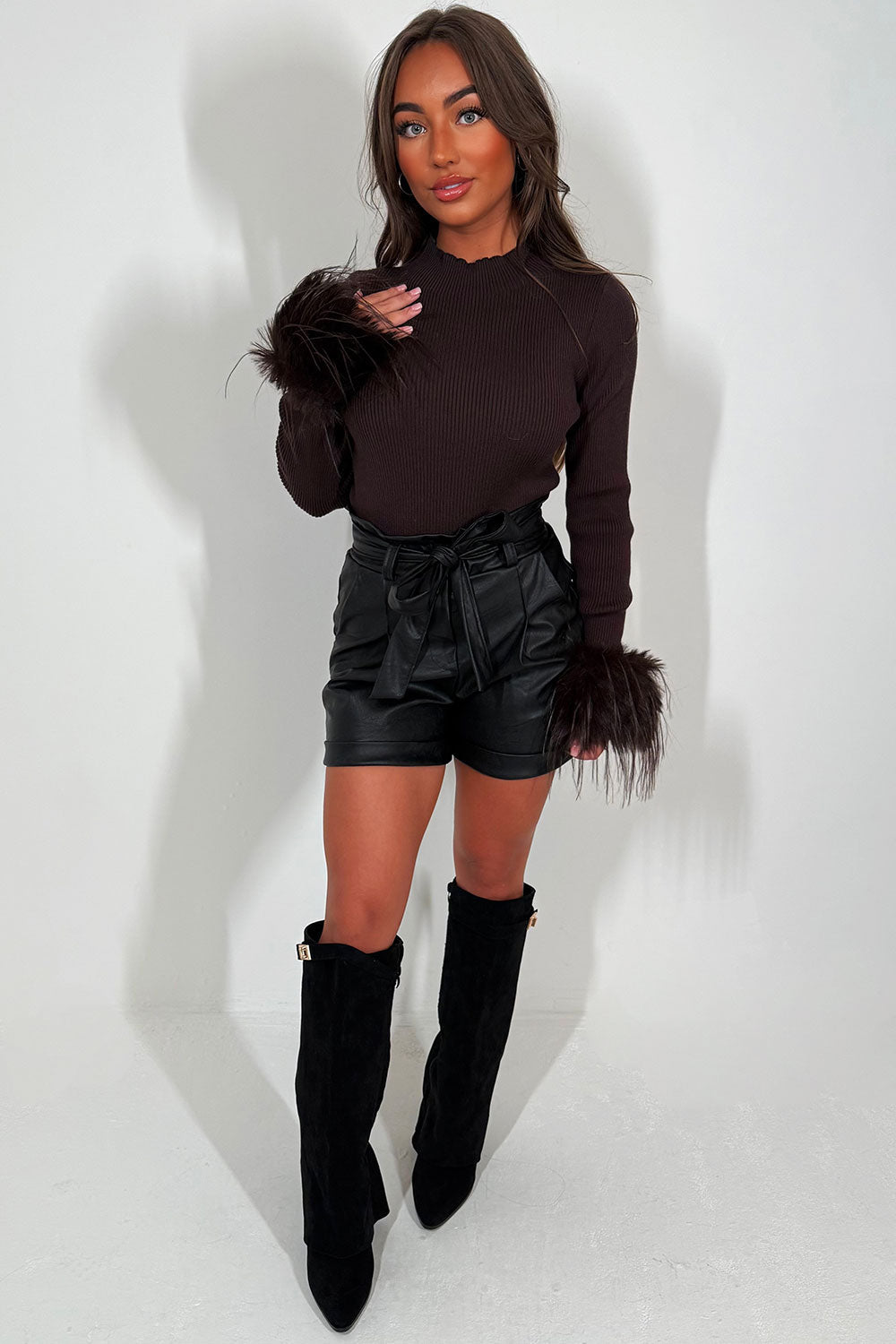Brown Knitted Jumper with Fur Cuff Long Sleeves | Xtralitty