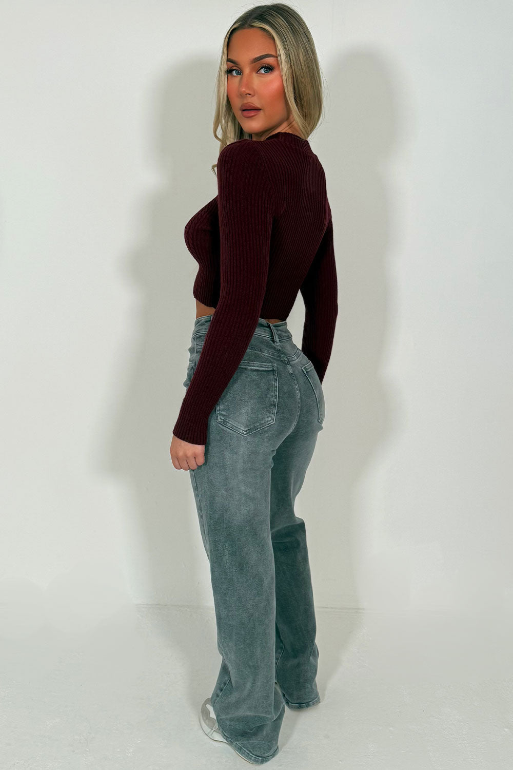 Crop Knitted Jumper with Long Sleeves Burgundy | Xtralitty
