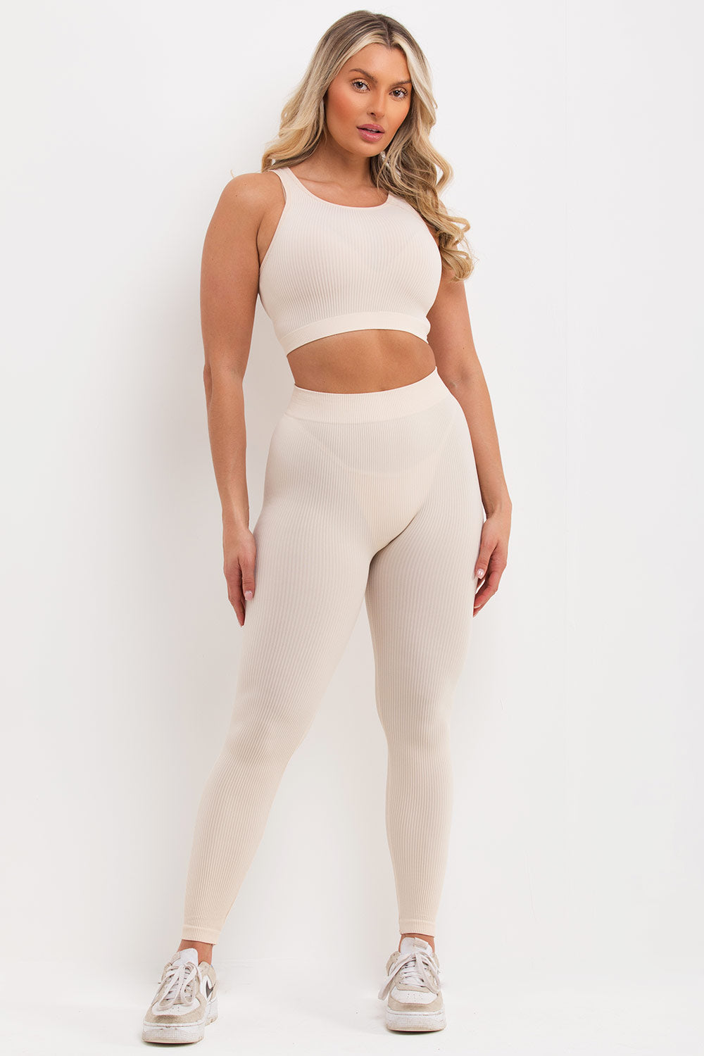 Ribbed Leggings and Crop Top Co Ord Set Beige | Xtralitty