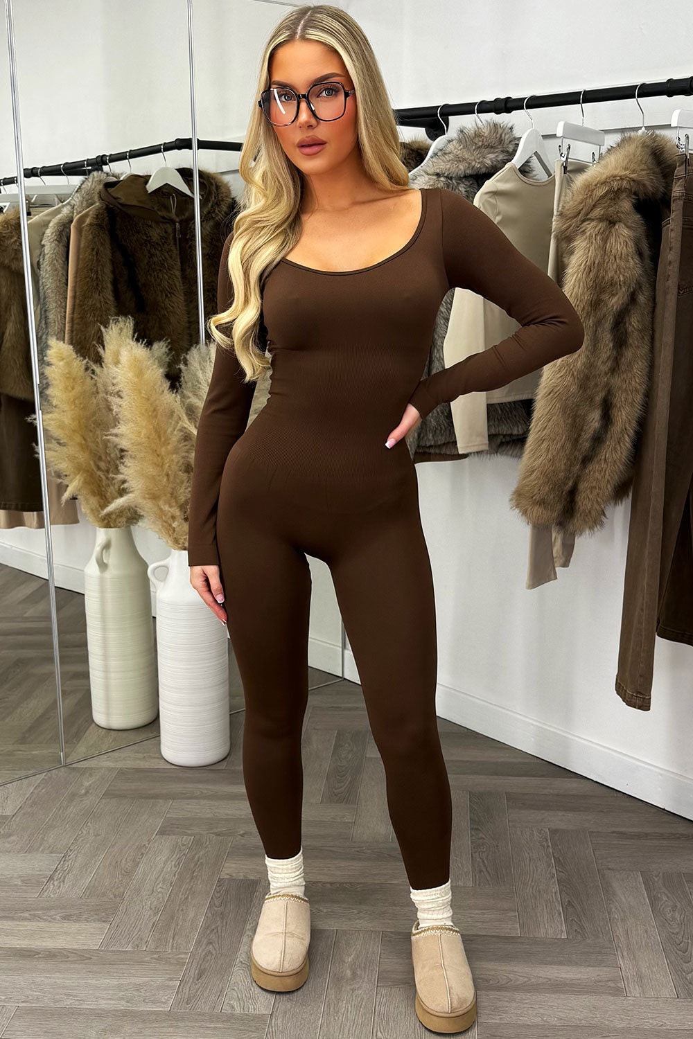 Long Sleeve Jumpsuit Sculpt Unitard Brown | Xtralitty