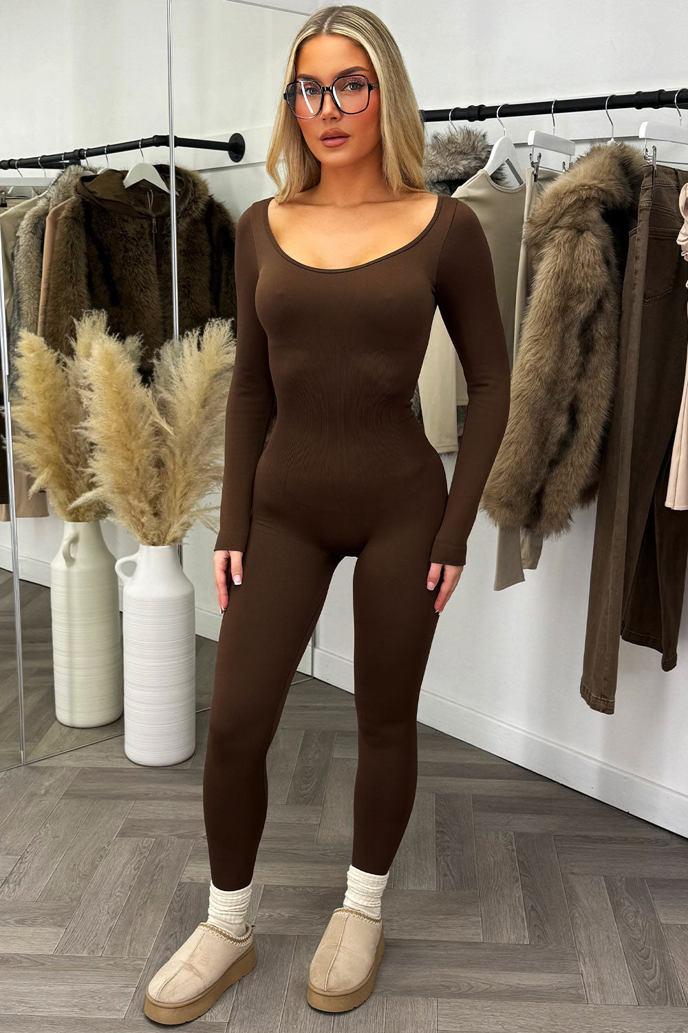 Long Sleeve Jumpsuit Sculpt Unitard Brown | Xtralitty