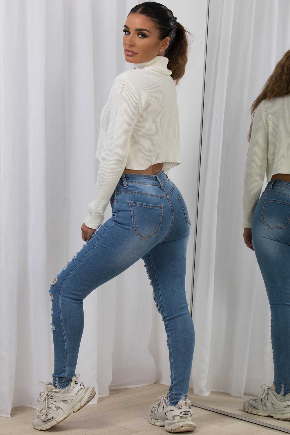 Crop Roll Neck Knitted Jumper Cream | Xtralitty