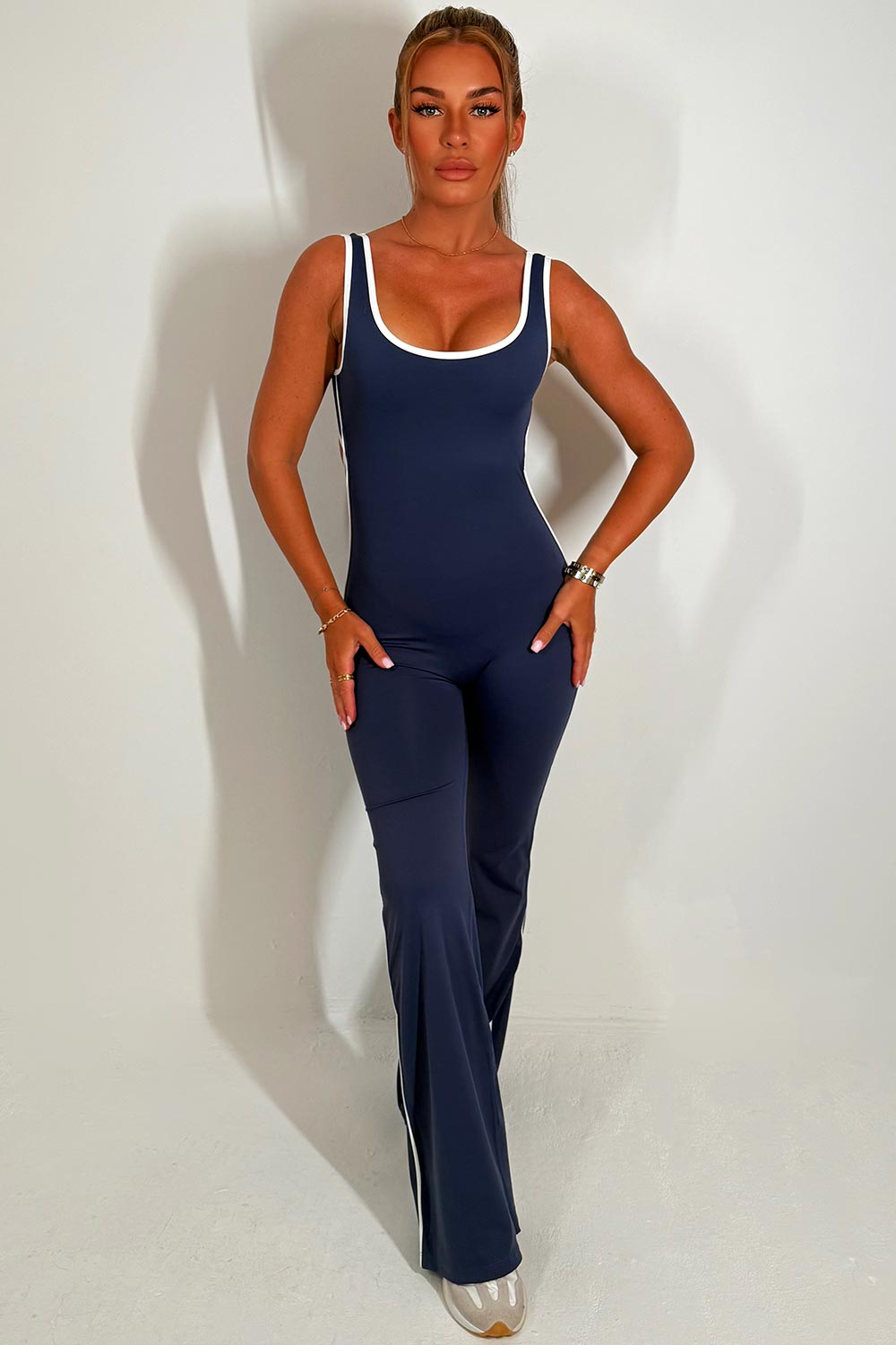 Skinny Flare Leg Jumpsuit with Open Back Navy | Xtralitty