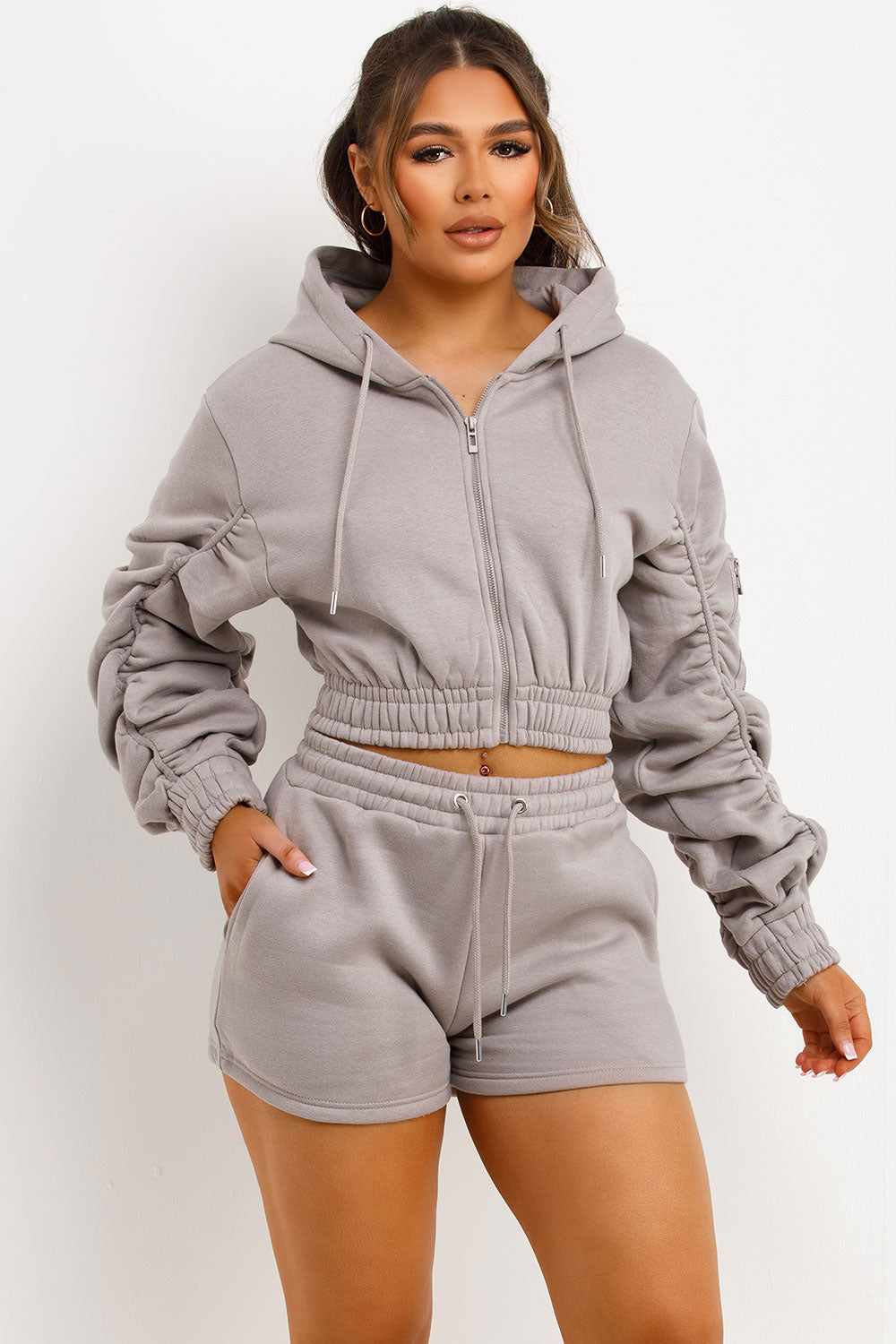 Ruched Crop Zip Hoodie and Shorts Tracksuit Set | Xtralitty