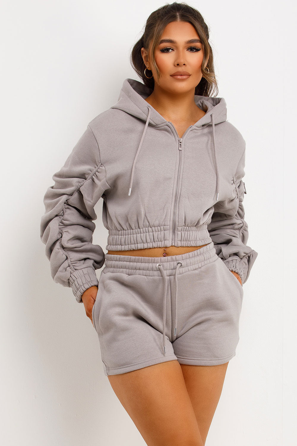 Ruched Crop Zip Hoodie and Shorts Tracksuit Set | Xtralitty