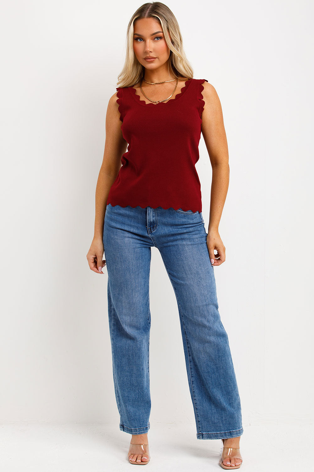 Knitted Cardigan Top with Scalloped Neck Burgund | Xtralitty