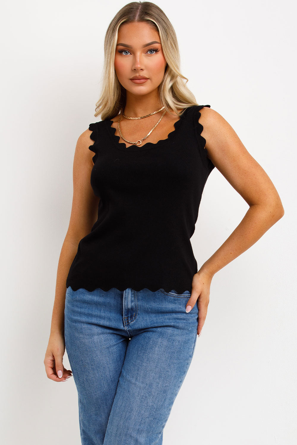 Knitted Cardigan Top with Scalloped Neck Black | Xtralitty