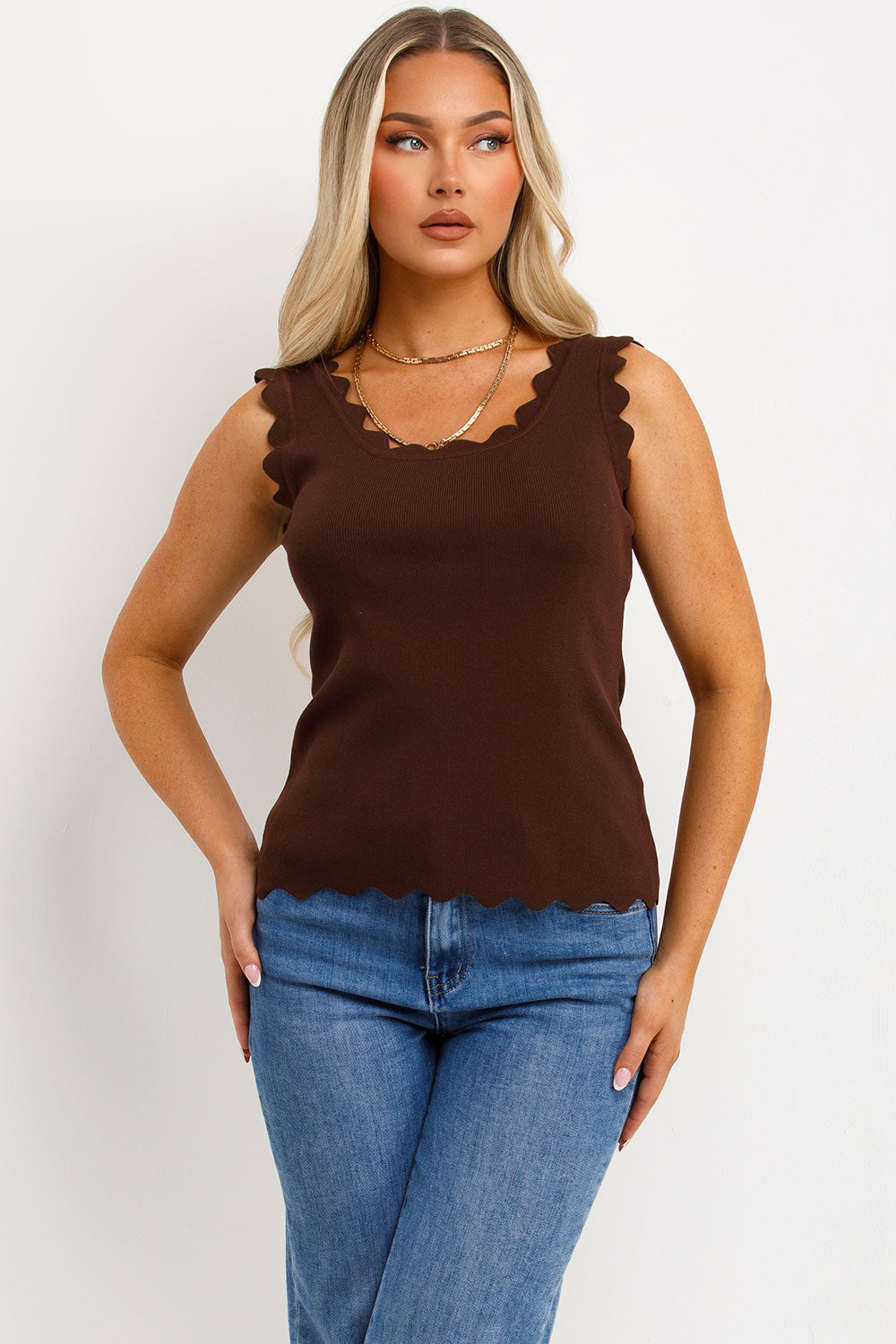 Knitted Cardigan Top with Scalloped Neck Brown | Xtralitty