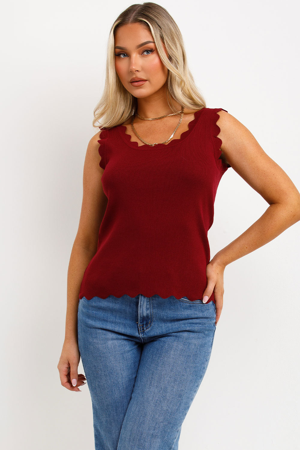 Knitted Cardigan Top with Scalloped Neck Burgund | Xtralitty
