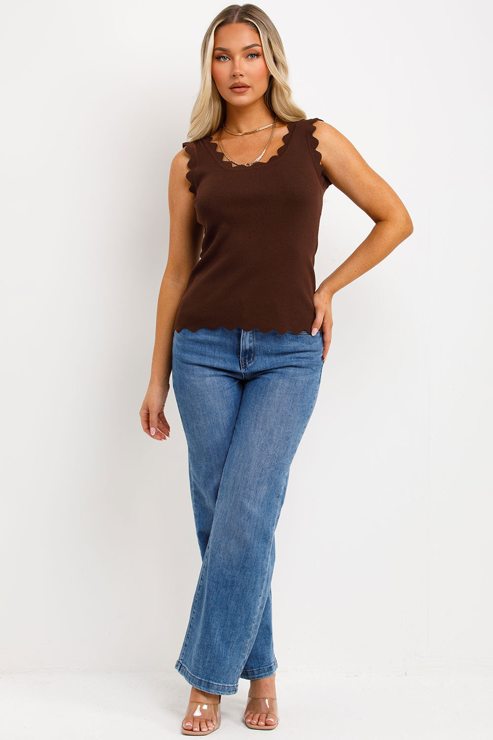 Knitted Cardigan Top with Scalloped Neck Brown | Xtralitty