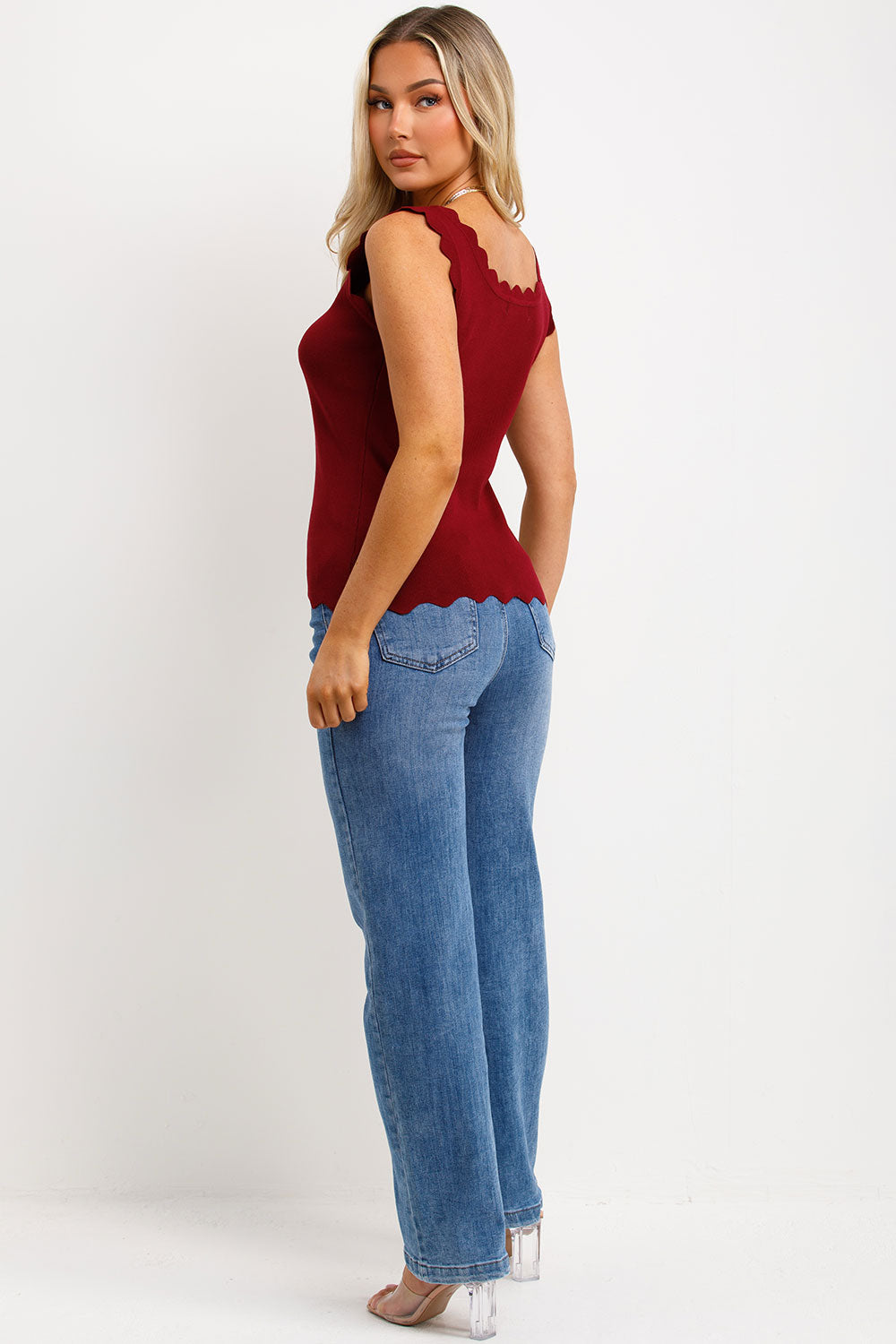 Knitted Cardigan Top with Scalloped Neck Burgund | Xtralitty