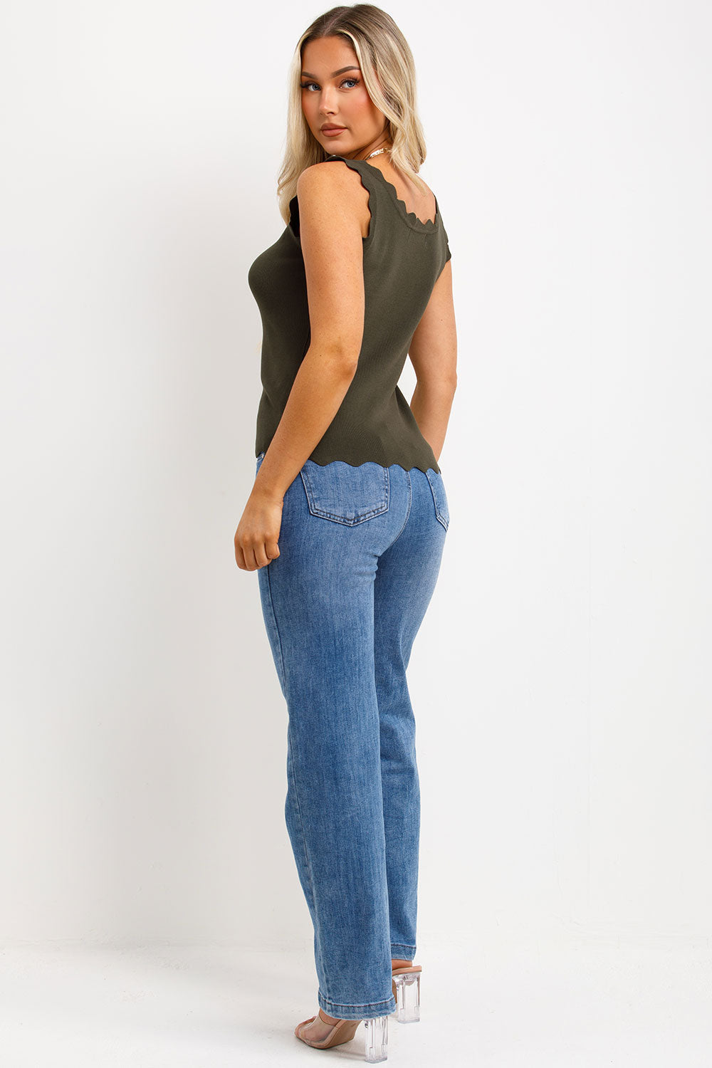 Knitted Cardigan Top with Scalloped Neck Khaki | Xtralitty