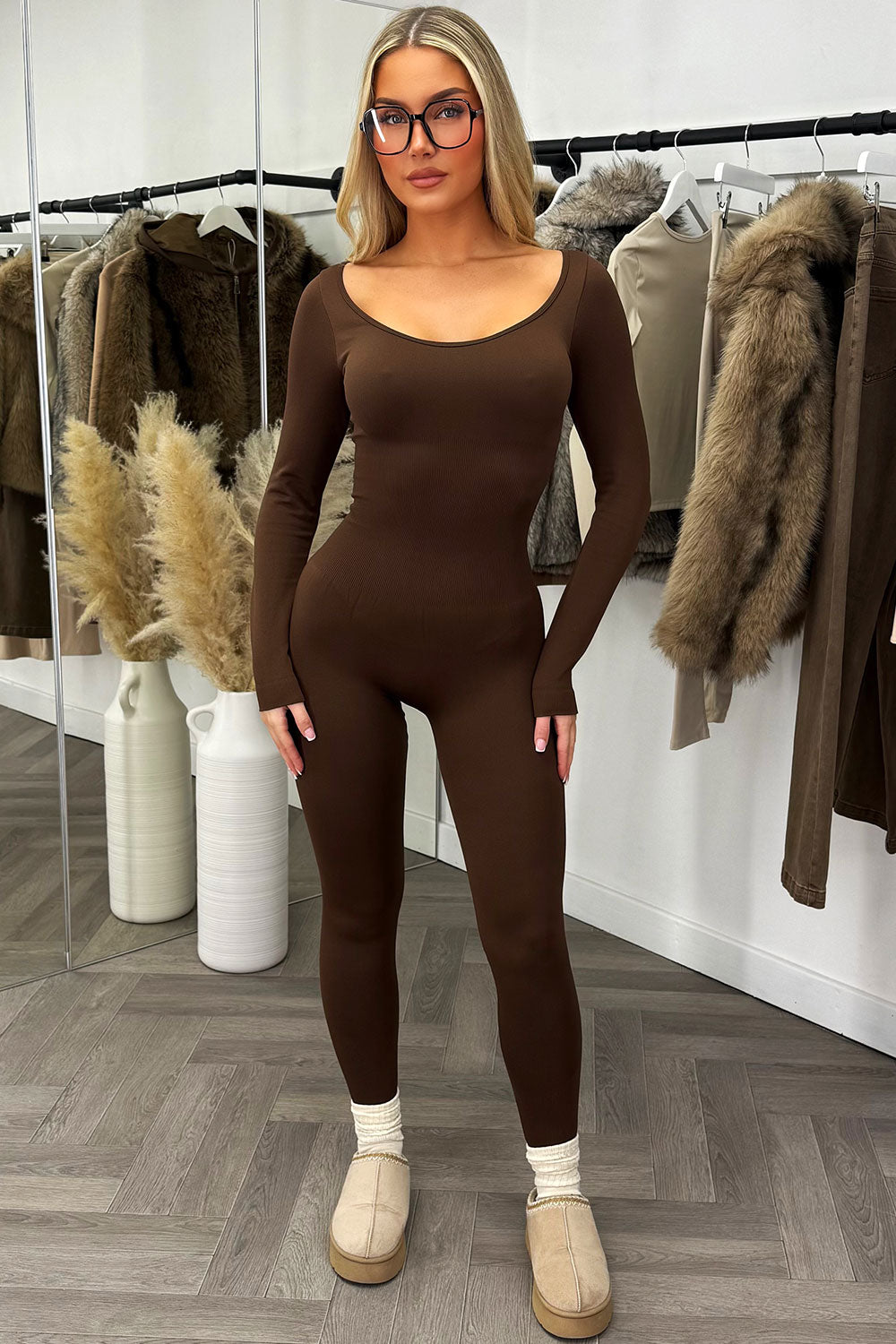 Long Sleeve Jumpsuit Sculpt Unitard Brown | Xtralitty
