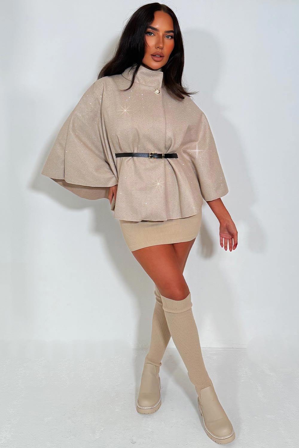 Cape with Diamante Rhinestone Belt Beige | Xtralitty