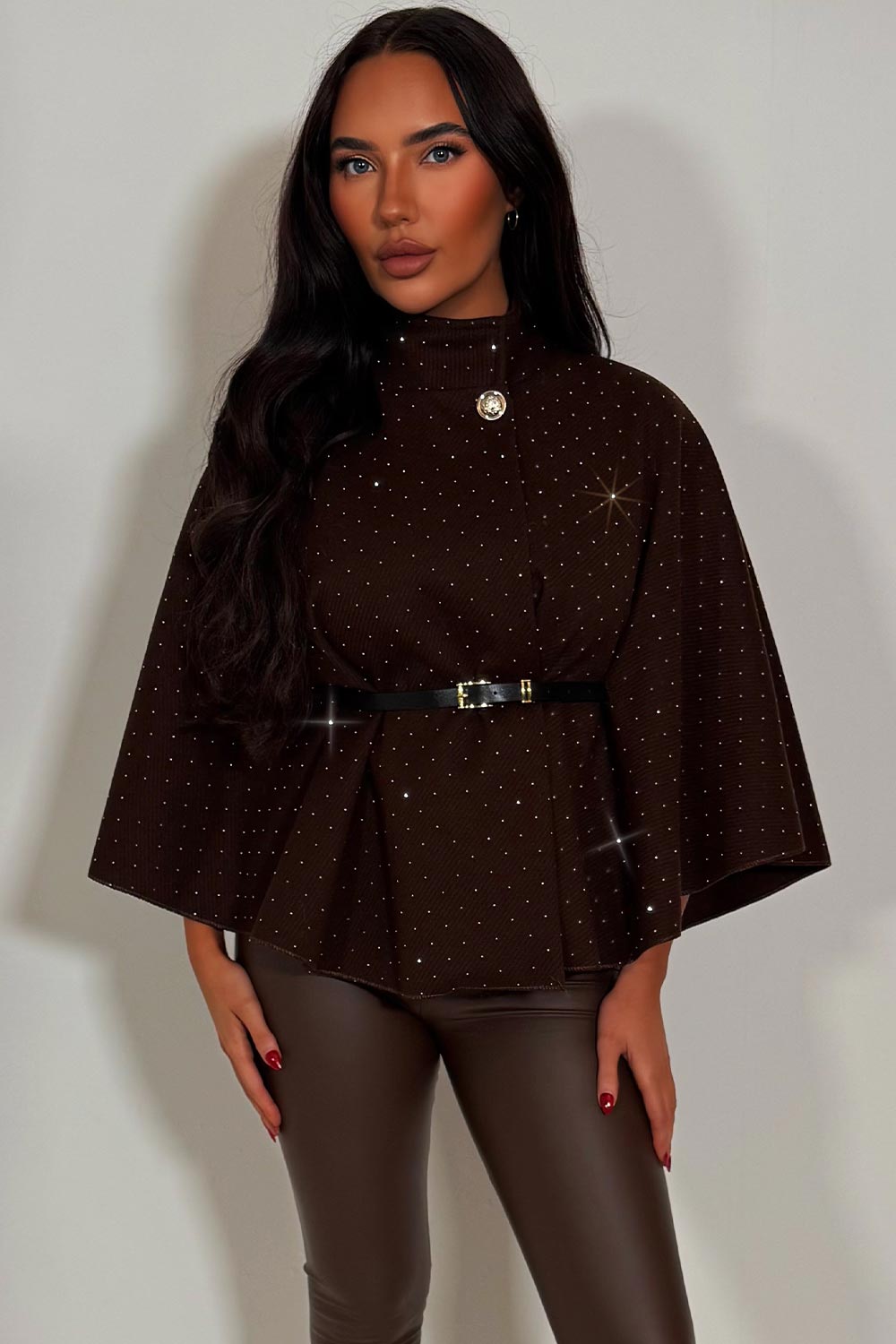 Cape with Diamante Rhinestone Belt Brown | Xtralitty