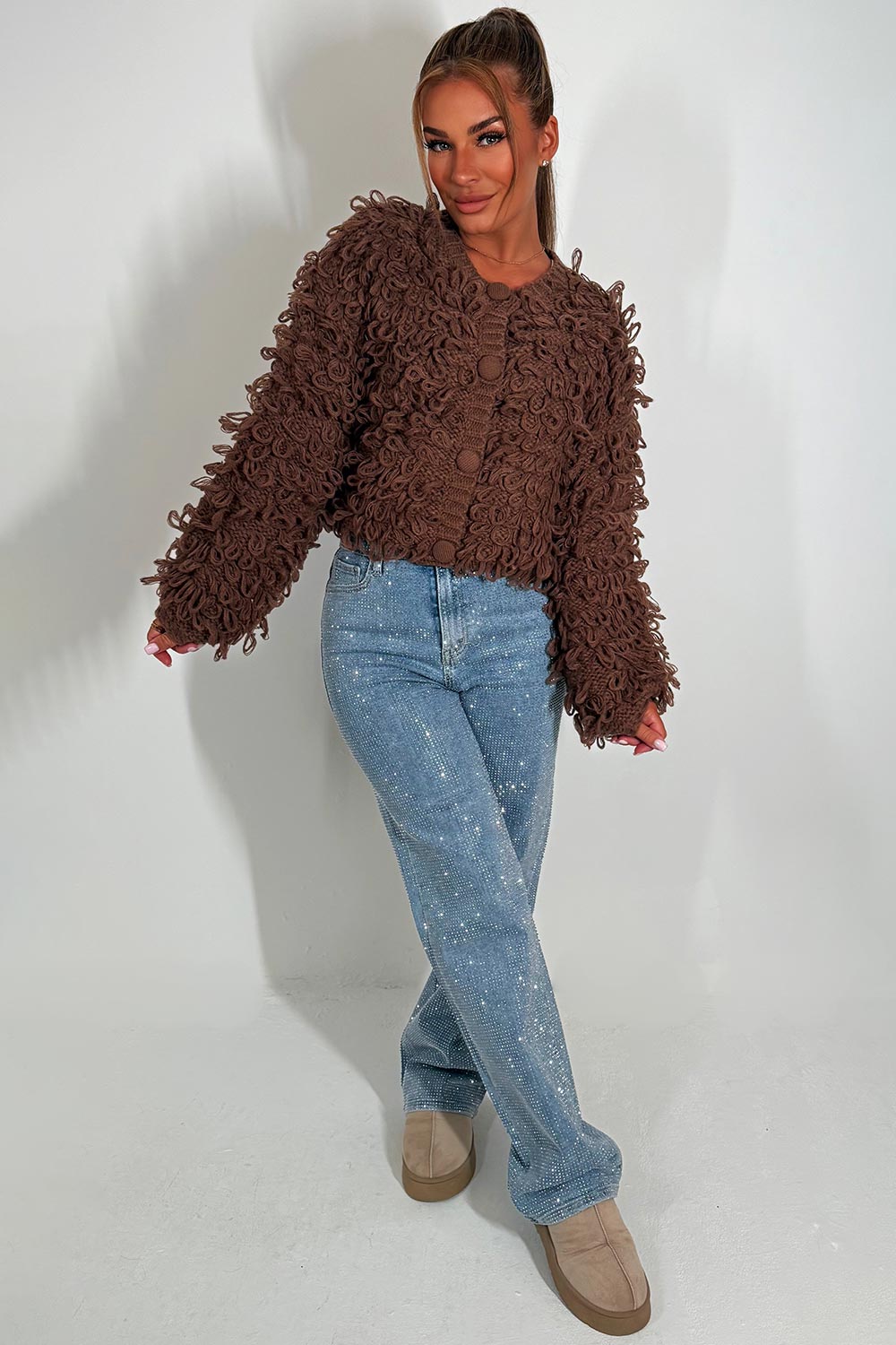 Knitted Cardigan Jumper with Shaggy Loop Fringe | Xtralitty
