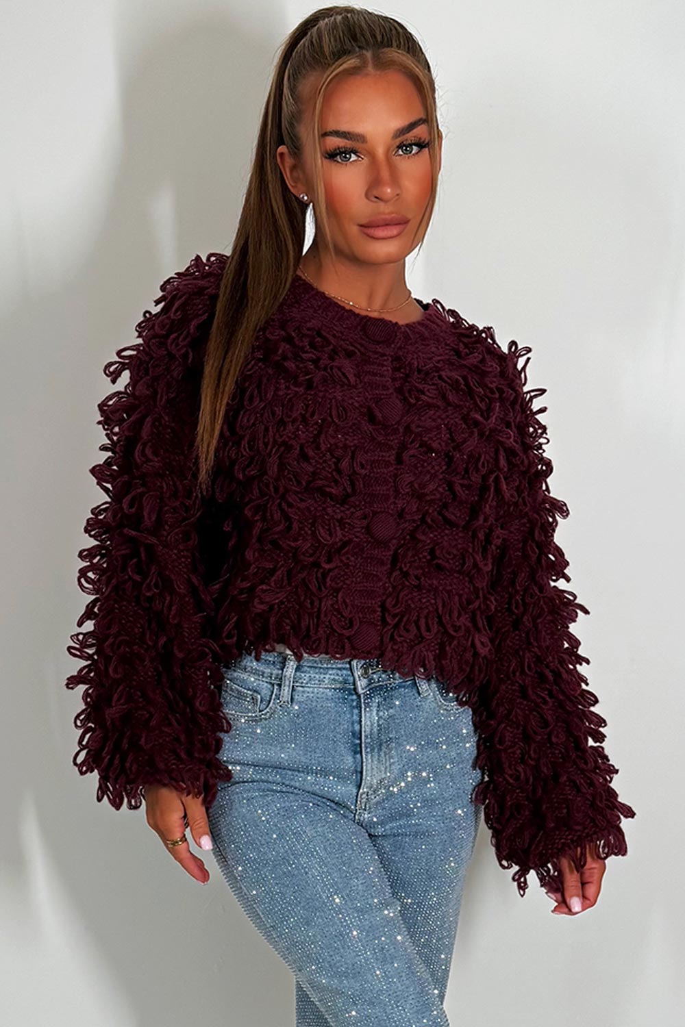 Knitted Cardigan Jumper with Shaggy Loop Fringe | Xtralitty