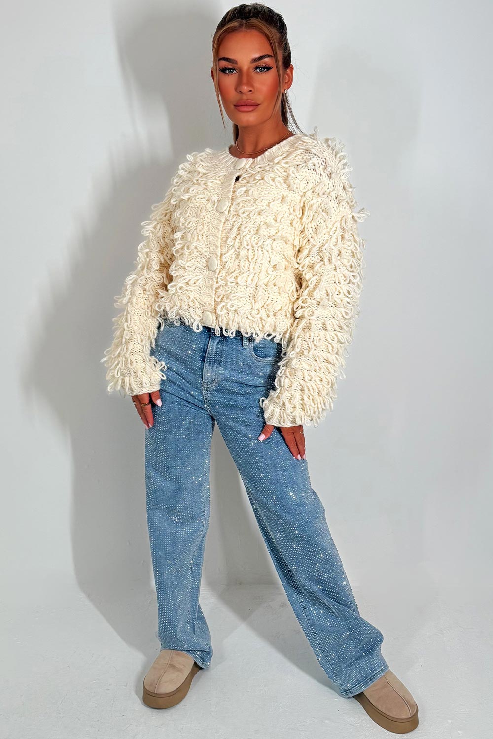 Knitted Cardigan Jumper with Shaggy Loop Fringe | Xtralitty