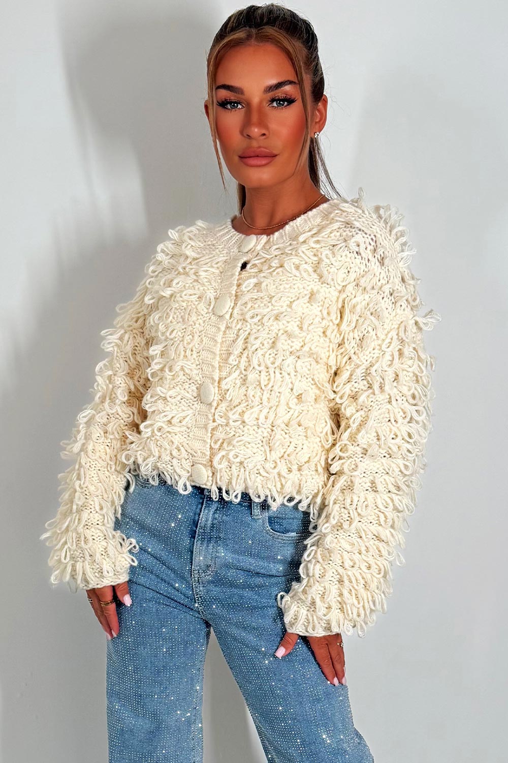 Knitted Cardigan Jumper with Shaggy Loop Fringe | Xtralitty