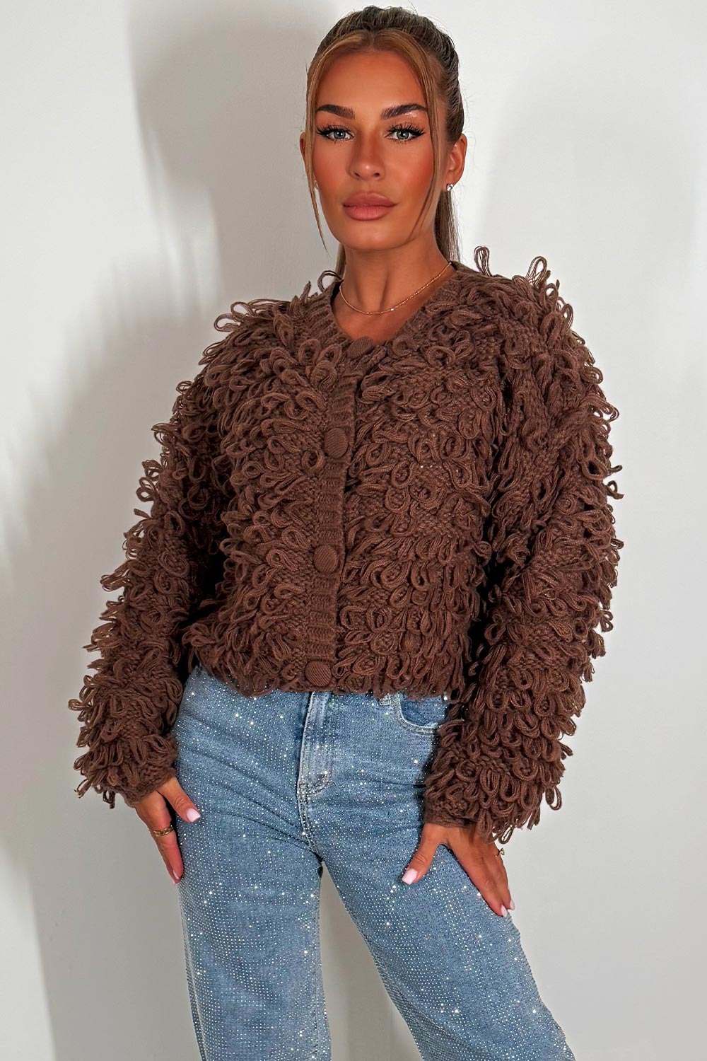 Knitted Cardigan Jumper with Shaggy Loop Fringe | Xtralitty