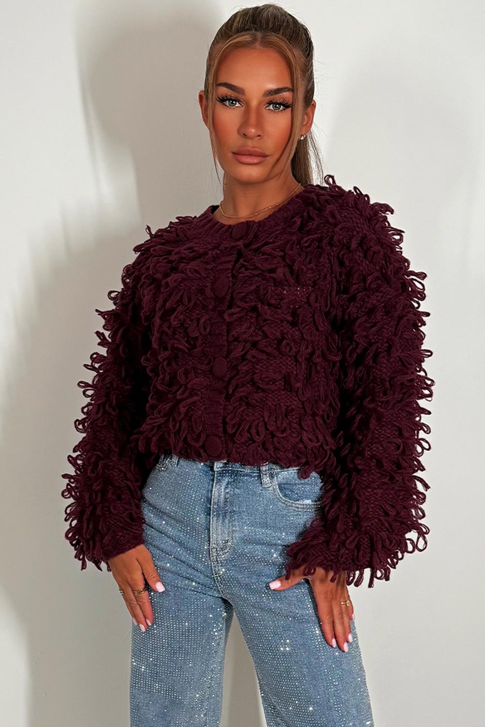 Knitted Cardigan Jumper with Shaggy Loop Fringe | Xtralitty