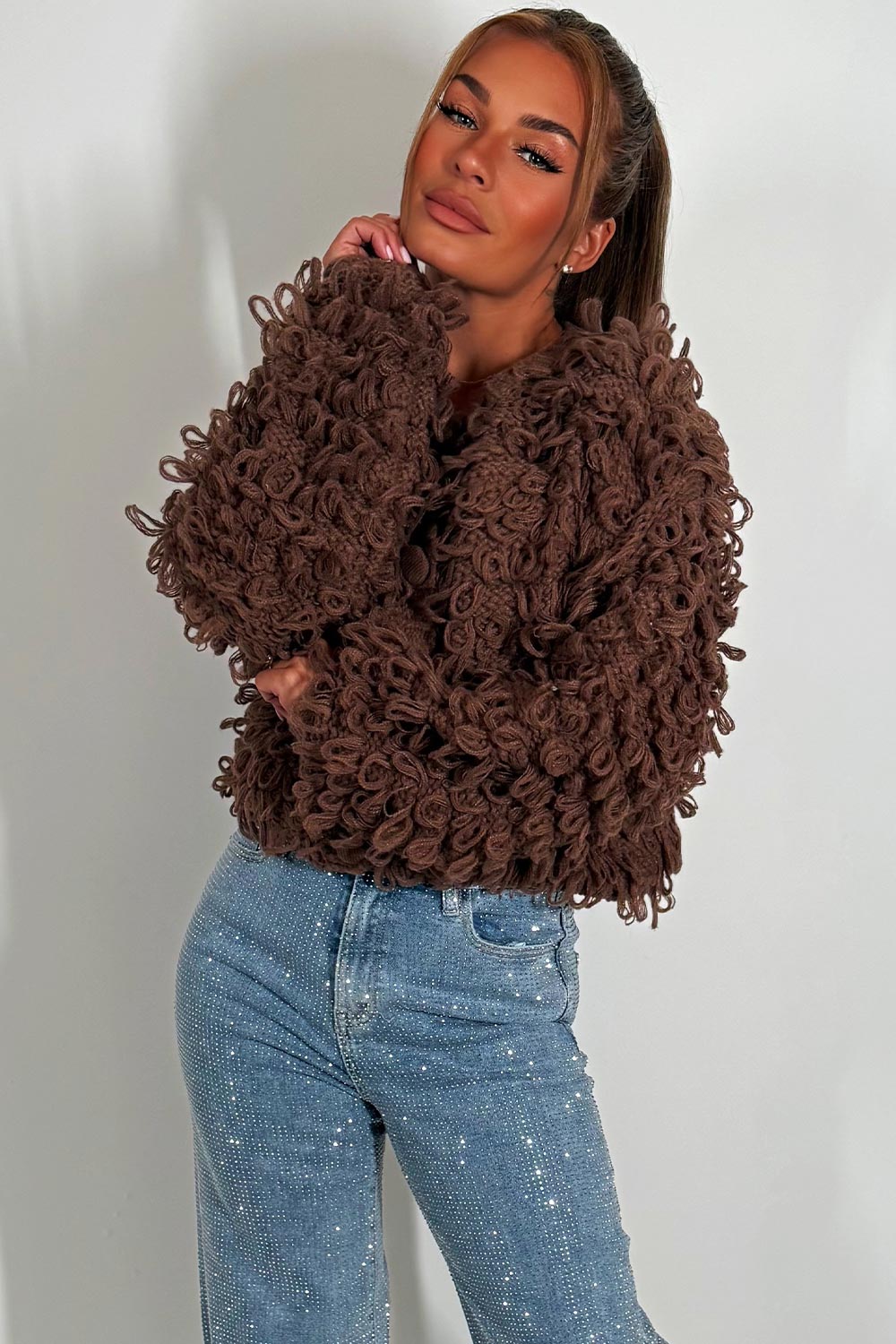 Knitted Cardigan Jumper with Shaggy Loop Fringe | Xtralitty