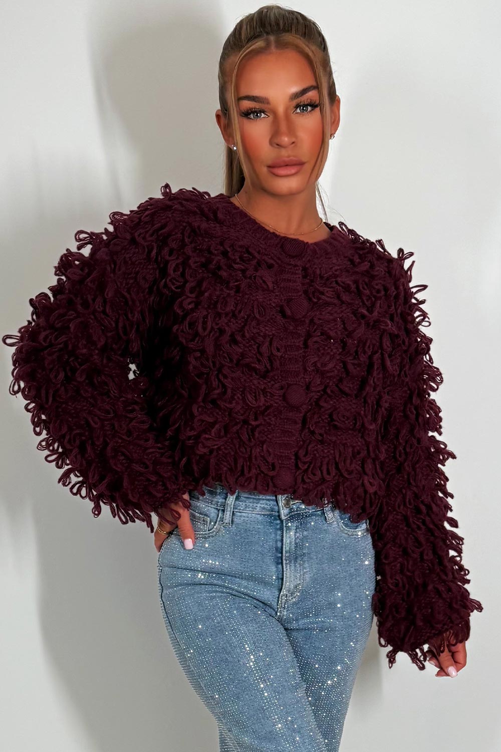 Knitted Cardigan Jumper with Shaggy Loop Fringe | Xtralitty