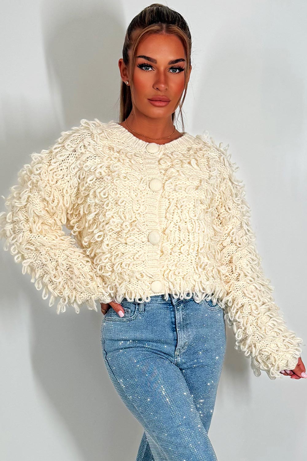 Knitted Cardigan Jumper with Shaggy Loop Fringe | Xtralitty