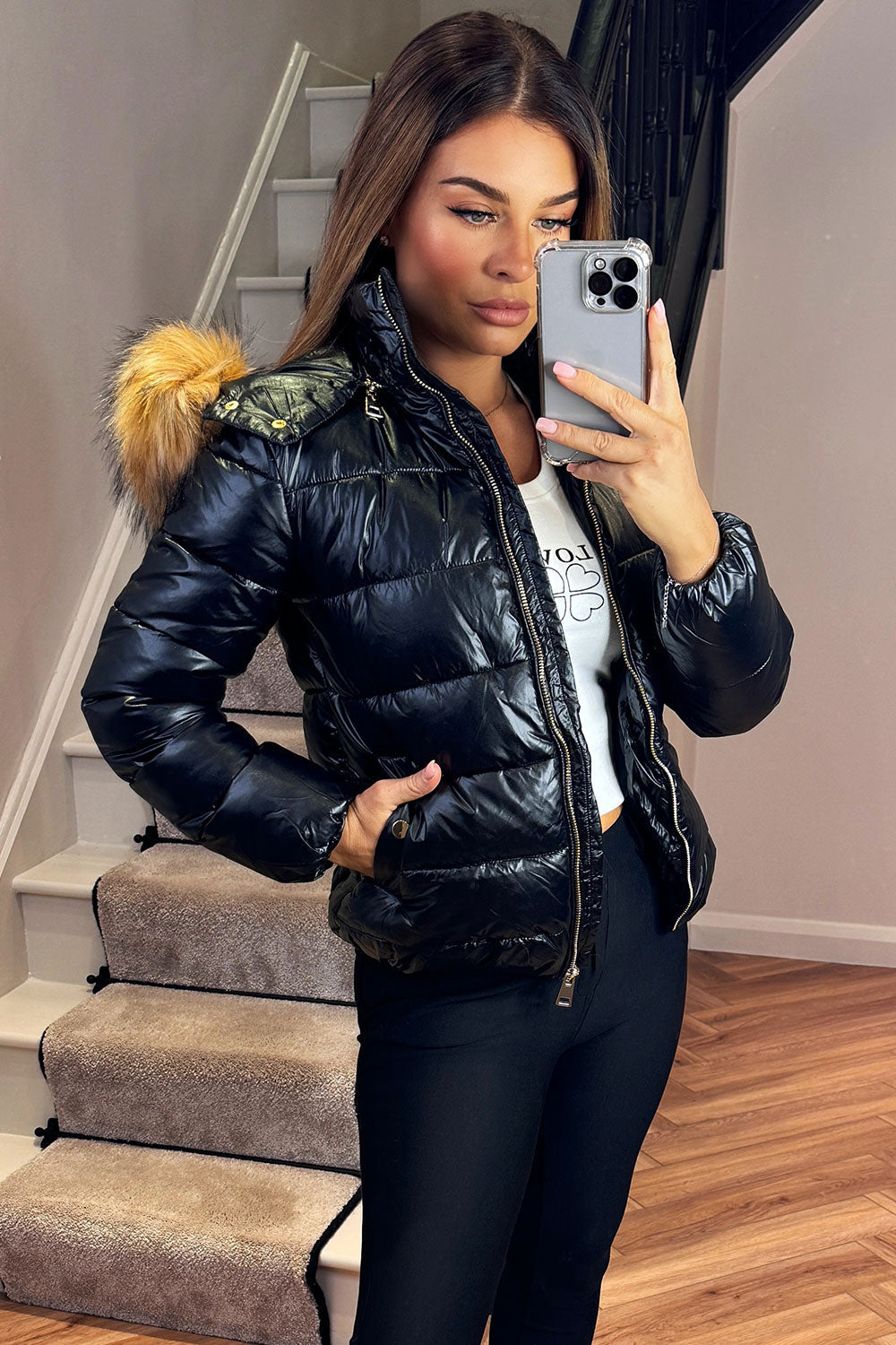 Faux Fur Hood Puffer Jacket Black | Xtralitty
