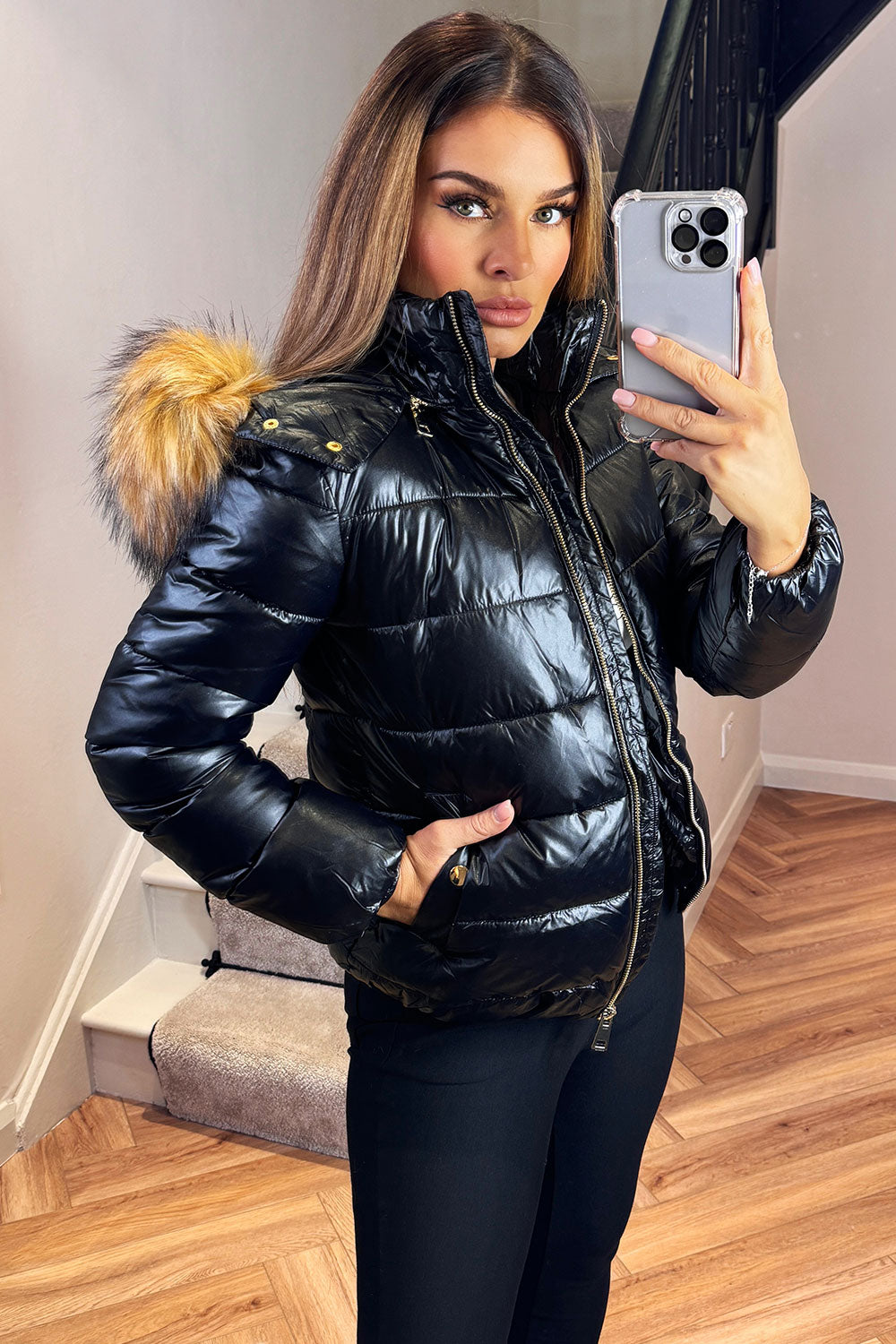 Faux Fur Hood Puffer Jacket Black | Xtralitty