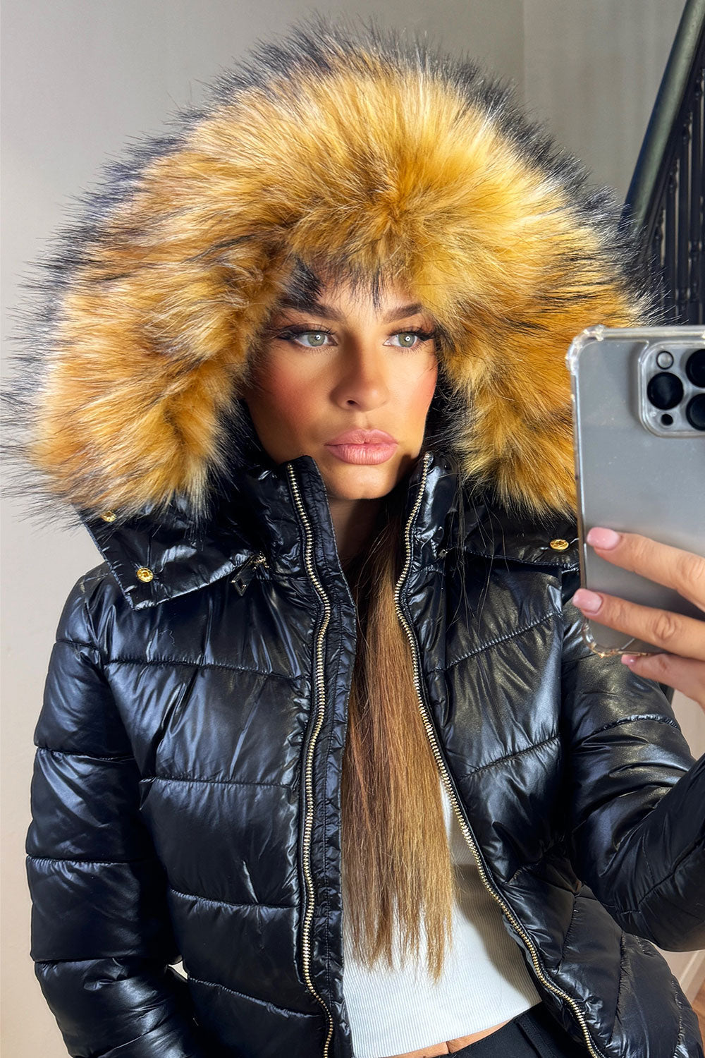 Faux Fur Hood Puffer Jacket Black | Xtralitty