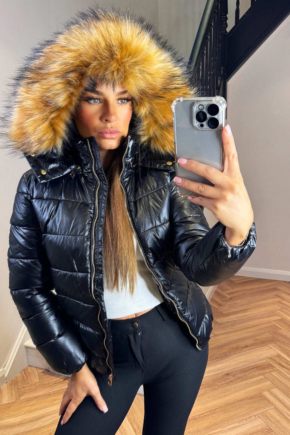 Faux Fur Hood Puffer Jacket Black | Xtralitty