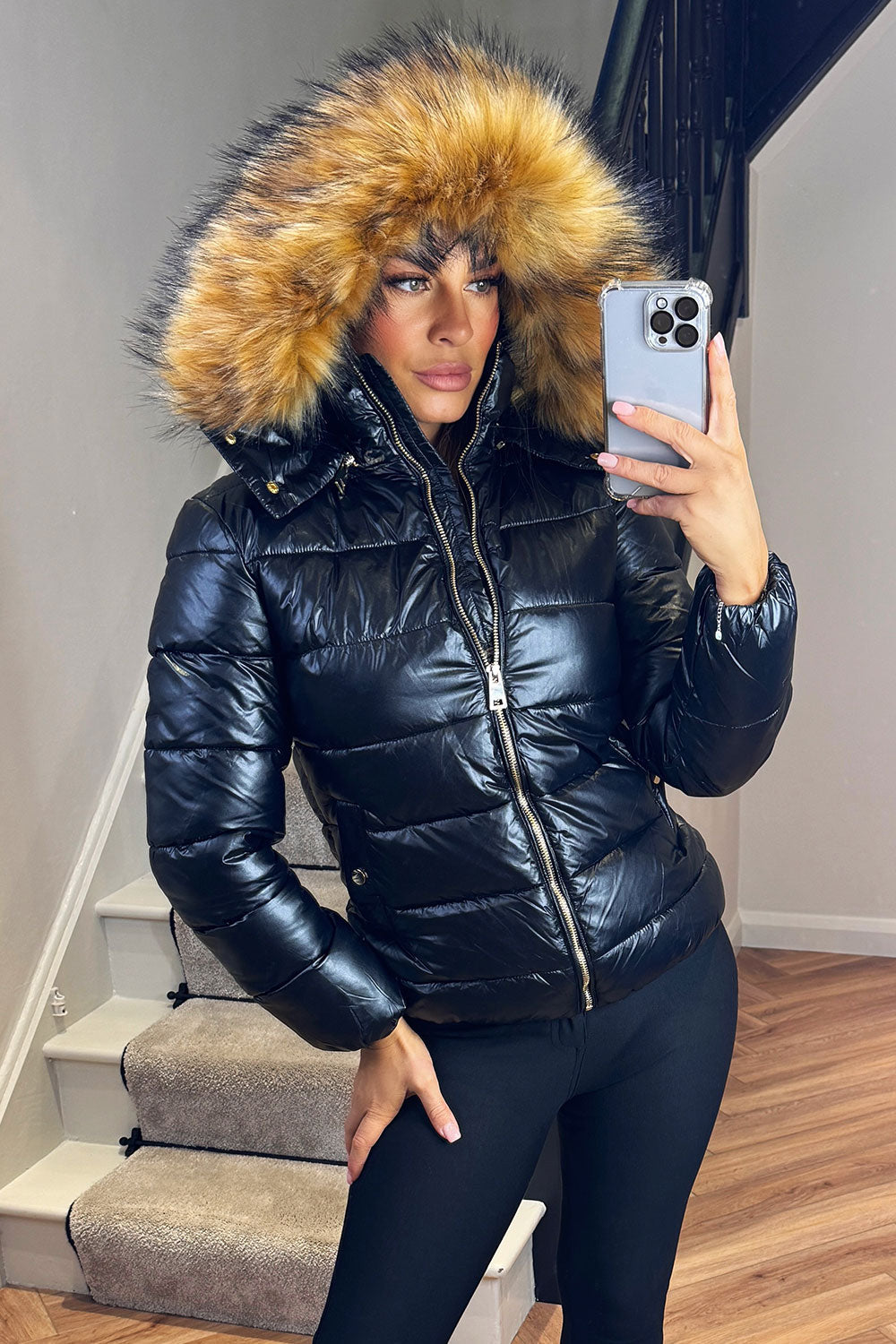 Faux Fur Hood Puffer Jacket Black | Xtralitty