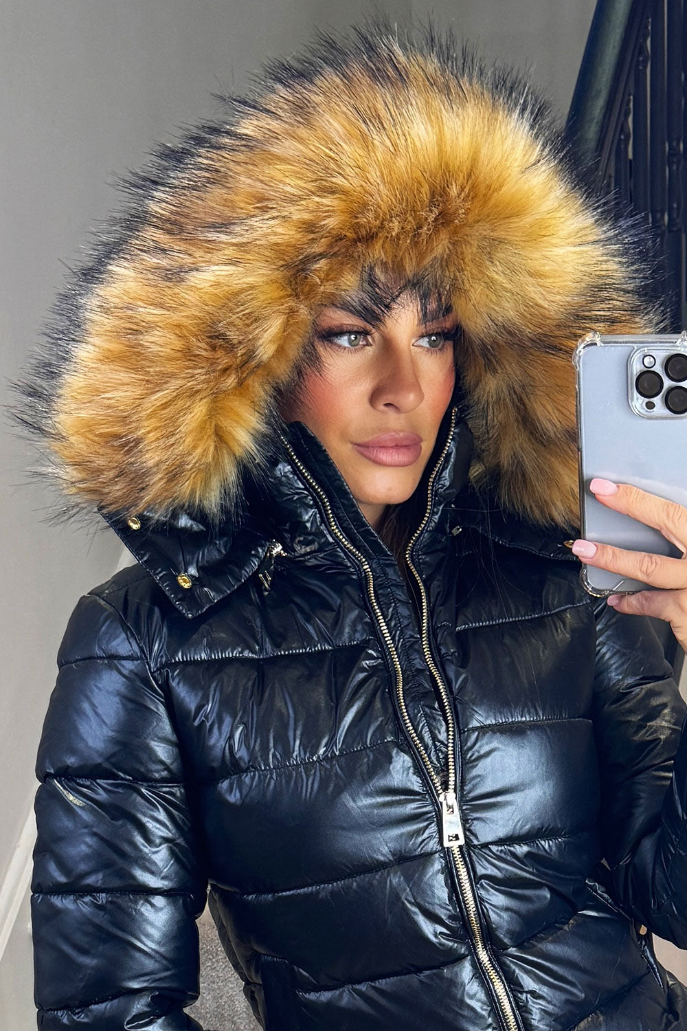 Faux Fur Hood Puffer Jacket Black | Xtralitty