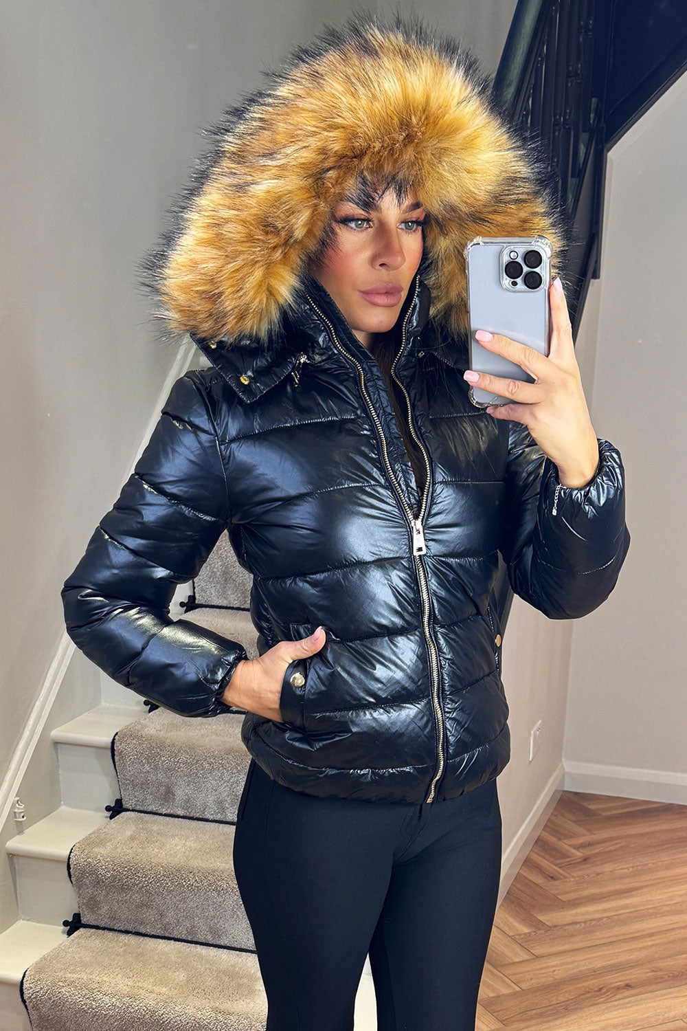 Faux Fur Hood Puffer Jacket Black | Xtralitty