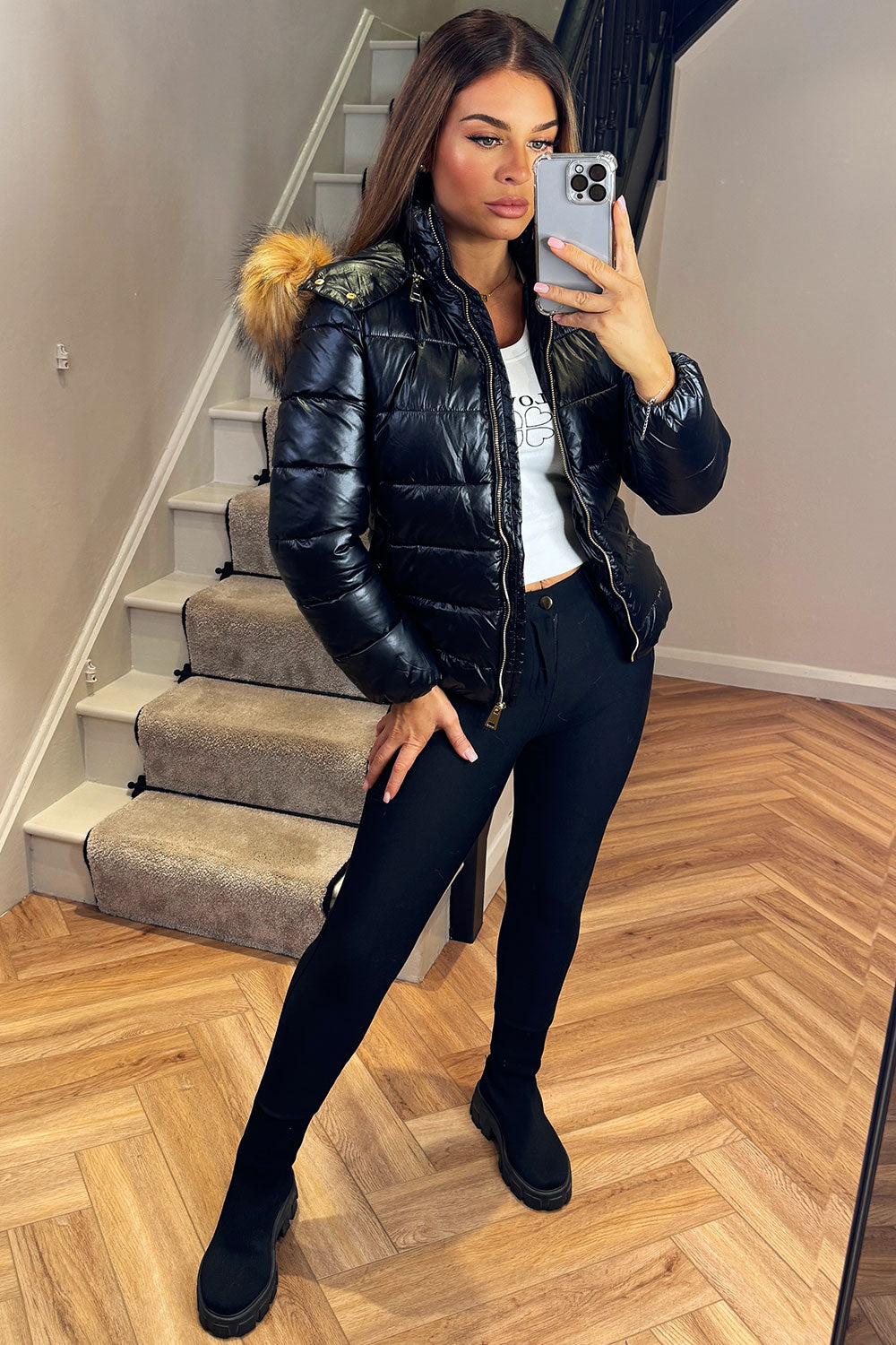 Faux Fur Hood Puffer Jacket Black | Xtralitty