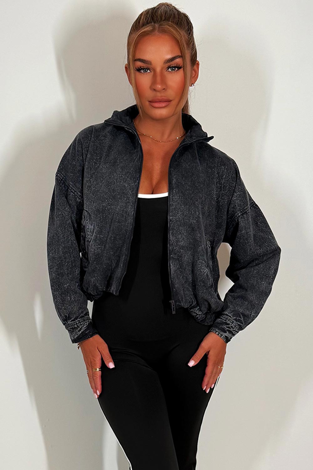Crop Bomber Jacket Charcoal Acid Wash | Xtralitty